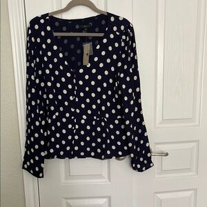 J. Crew Blue Flutter Sleeve Blouse with v neck Collar